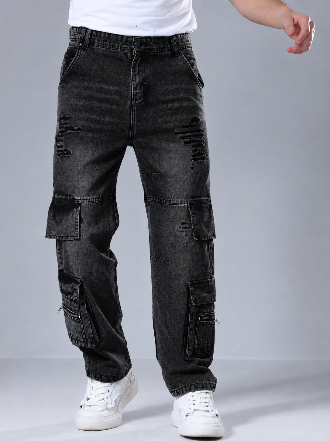 Wide-Leg Fashion Jeans with Utility Pockets & Zipper Details (L178)